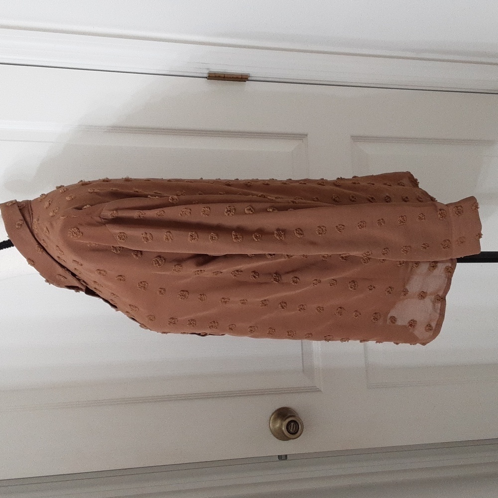 Ubranded Size M Milky Chocolate Brown Swiss Dot Long Sleeve Semi-Sheer Blouse - Picture 3 of 13